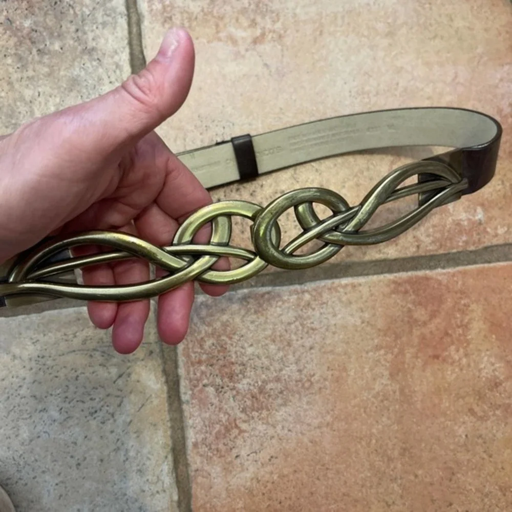 Brown leather brass statement, buckle adjustable belt